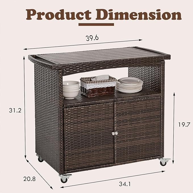 Outdoor Storage Cabinet,Outdoor Cabinet for Patio Bar Cart with Rolling Wheels Patio Bar Table with Storage Wicker Buffet Cabinets prep Table Kitchen Serving Cart with Door,Shelves,Handle Brown