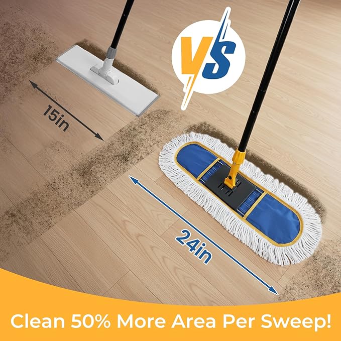 24" Dust for Floor Cleaning, Large Areas Floor Duster with 2 Cotton Reusable Pads, Wet Dry Mop for Hardwood Floors, Marble, Laminate, Tile, Concrete, Garage