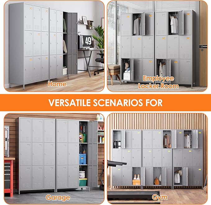 Aobabo New 9 Doors Metal Storage Locker for Employees, Lockable Steel Locker with Name Card Slot and 27 Hooks for School Office Gym Garage, Dark Grey, Assembly Required