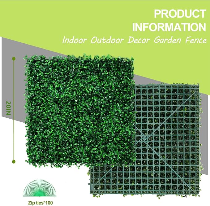 AOKIE 20"X20" Artificial Grass Wall, 24Pcs Boxwood Hedge Wall Panels UV-Anti Grass Backdrop Wall Decor, Greenery Privacy Hedge Screen for Indoor Outdoor Patio Balcony, Party Garden Fence Decor