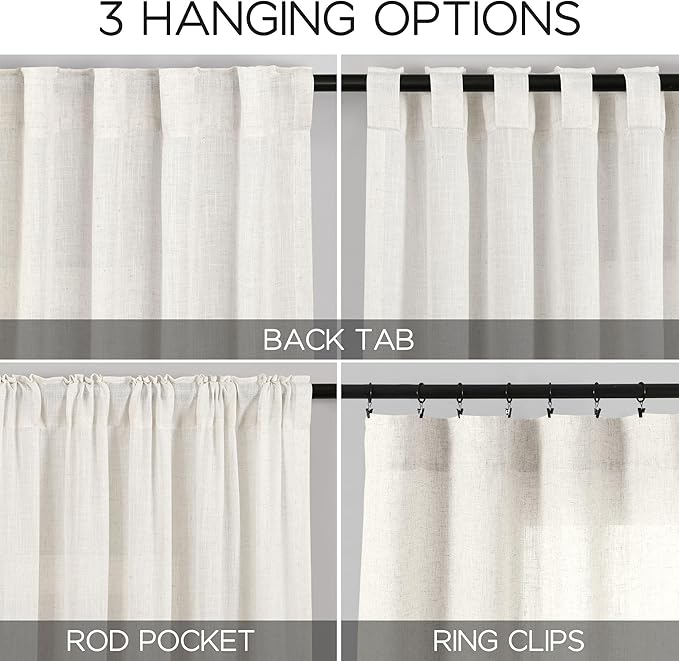 Extra Long Beige White Linen Curtains 120 Inch for Living Room 2 Panels Set Rod Pocket Back Tab Light Filtering Semi Sheer Soft Linen Window Drapes Privacy High Ceiling Drapes for Farmhouse 52x120