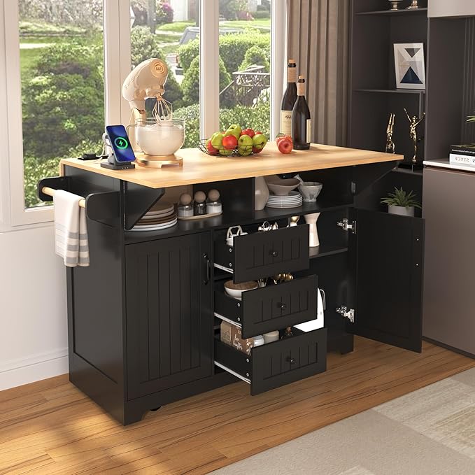Merax 55.7" Upgraded Large Kitchen Cart Island on Wheels with 2 Drop Leaf,Power Outlet,3 Drawers,Wood Frame Storage Cabinet