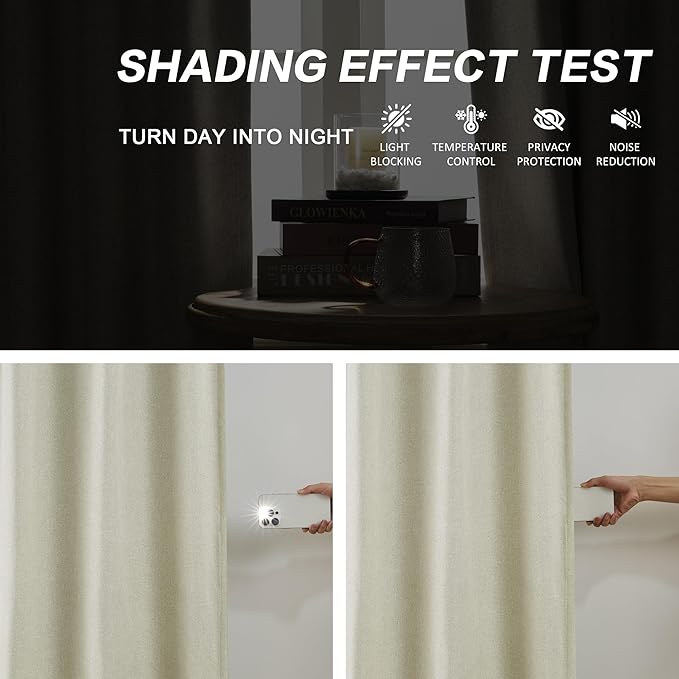 DUALIFE Linen Blackout Curtains Drapes 96 Inches Long 2 Panels Set, Pinch Pleated Farmhouse Room Darkening Thermal Insulated Back Tab Drapes with Hooks for Track System-Natural Linen/Greige, W40xL96