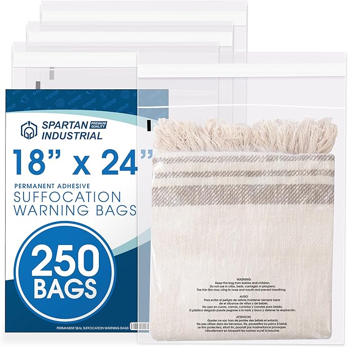 Spartan Industrial - 18" X 24" (250 Count) Self Seal Clear Poly Bags with Suffocation Warning for Packaging, Shipping & FBA - Permanent Adhesive