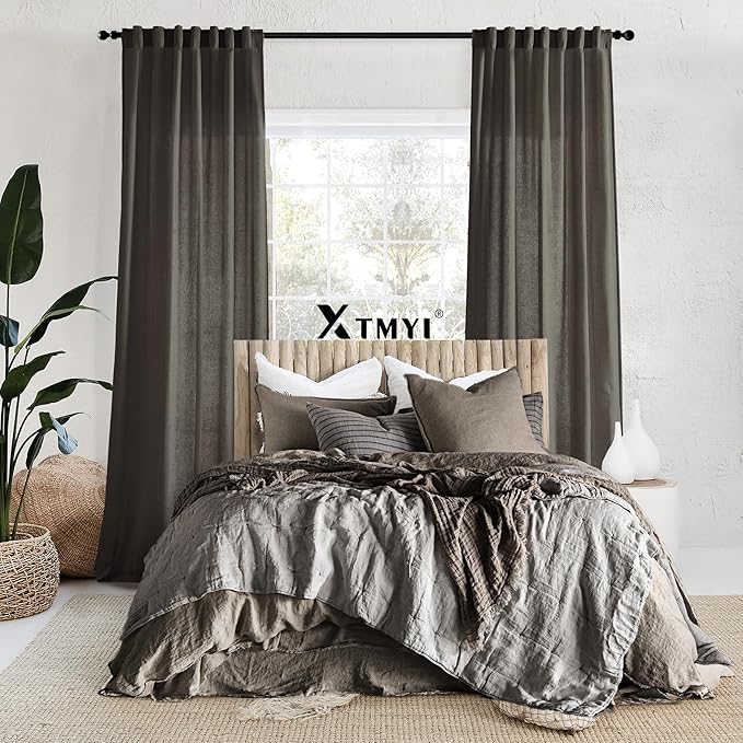XTMYI Brown Curtains 84 Inch Length 2 Panels Set for Living Room,Linen Semi Sheer Light Filtering Rustic Farmhouse Curtains Drapes 84 Inches Long