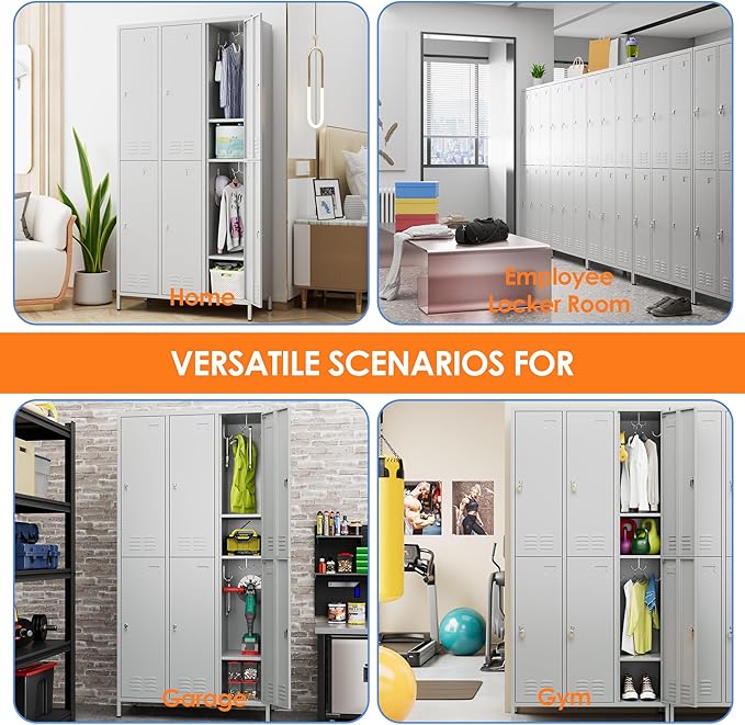 Aobabo Metal Locker for Employees, 6 Doors Metal Locker Cabinet with Lock, Industrial Storage with 18 Hooks, Storage for Office, Gym, Dormitory, Assembly Required, Light Grey