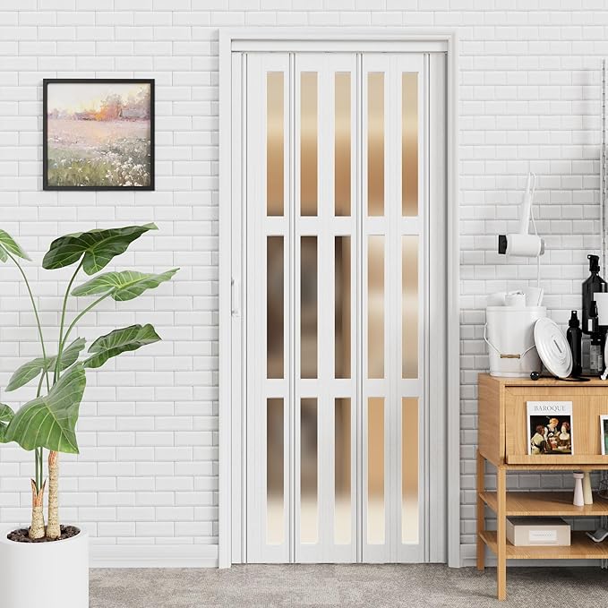 37-48 x 80in Accordion Doors Interior Folding Door, White PVC Accordion Door with 3 Frosted Acrylic Glass with Upgraded Roller & Handle & Complete Hardware, for Closet Bathroom Doorways