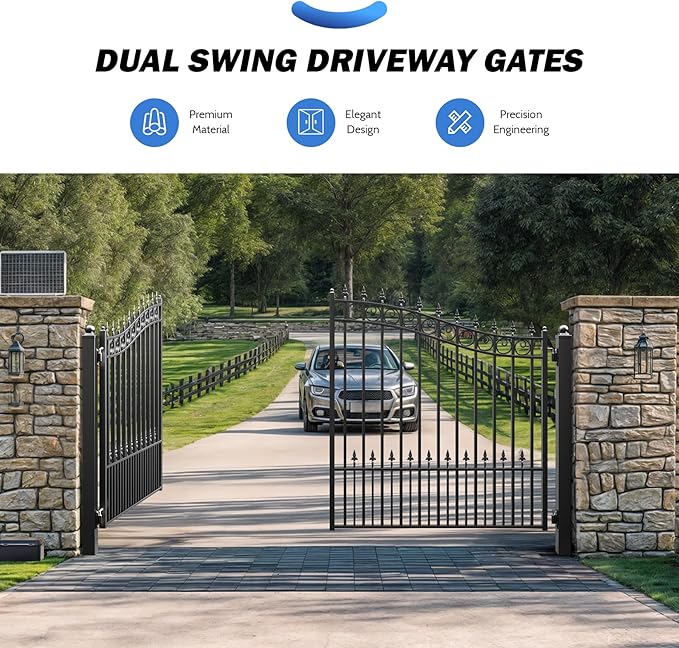 ZUMI Dual Swing Driveway Gates, 12x6 ft. Outdoor Steel Swing Gates for Driveway, Heavy-Duty Driveway Fence Gates for Home Security, Weatherproof Iron Security Gate Kit for Outdoor, Sydney Style
