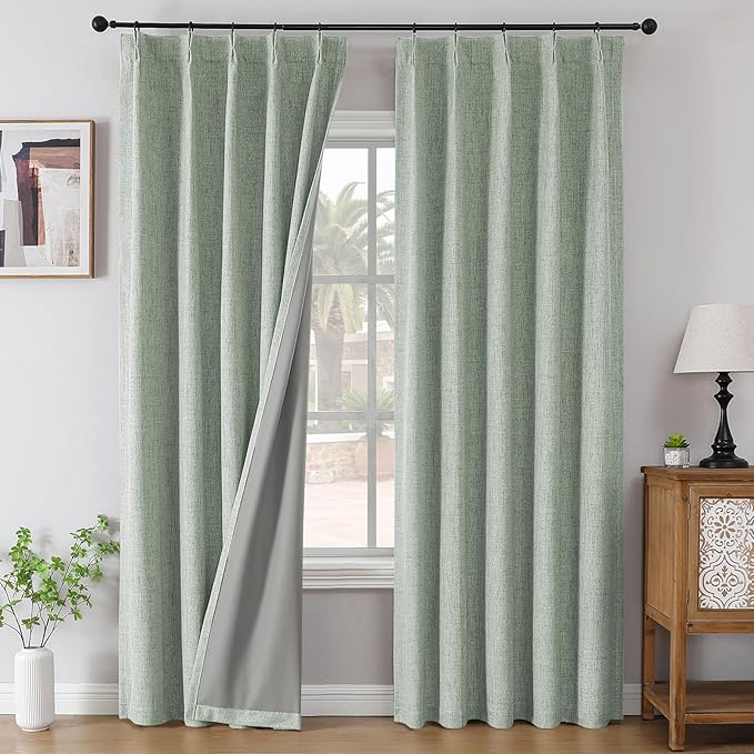 Joydeco Pinch Pleated Curtains - 100% Blackout for Bedroom, Sage Green Linen Curtains 40" W x 63" L, Thermal Insulated 2 Panels Light Blocking Drapes, Back Tabs for Living Room