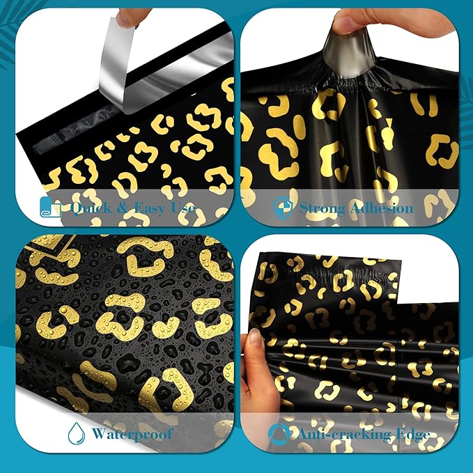 JinRuiKJ Poly Mailers with Handle 10x13 Inch 25 Pcs, Easy to Carry Packaging Bags for Small Business, Thank You Shipping Bags with Self Adhesive Strip, Tearproof and Waterproof - Gold leopard