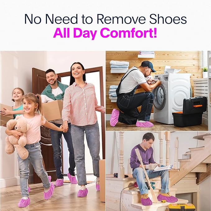 Premium Disposable Boot & Shoe Covers Booties | 100 Pack | Durable, Non-Slip, Non-Toxic, Water Resistant, Recyclable Protectors for Indoor & Outdoor | Large Size Fits Most Shoes (Pink)