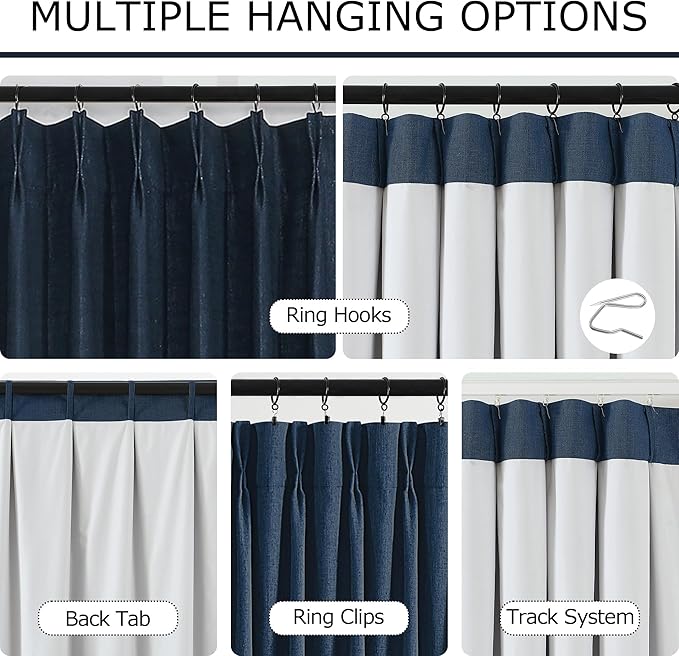 Vision Home Navy Blue Pinch Pleated Full Blackout Curtains Linen Blended Room Darkening Window Panels 90 inch for Living Room Bedroom Thermal Insulated Pinch Pleat Drapes with Hooks 60" Wx90 Lx1