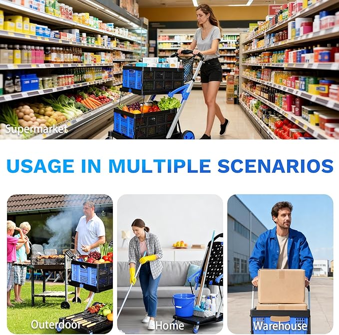 Collapsible Shopping Cart with Wheels, 2 Storage Crates & 1 Storage Bag, 200 lbs Capacity Multi Use Functional Grocery Cart, Space-Saving Design for Home/Office/Picnic