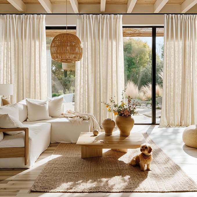 NICETOWN Natural Thick Linen Curtains 96 Inches Long for Living Room 2 Panels Set, Back Tab/Rod Pocket with Pleat Tape Privacy Added Window Treatments for Farmhouse/Bedroom, W55 x L96