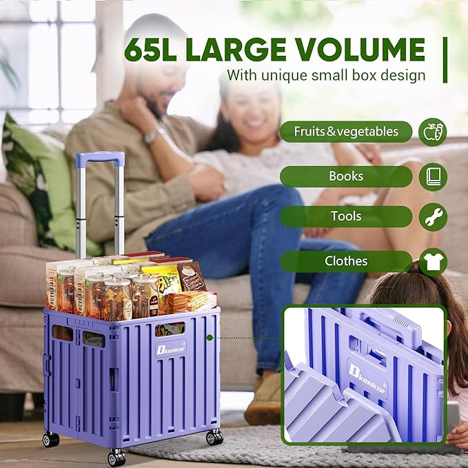 Folding Utility Cart with Lid, Portable Rolling Crate Handcart Collapsible Shopping Trolley, Durable Plastic Foldable Tool Basket with 4 Rotate Wheels for Grocery, Office, Luggage, School - Purple