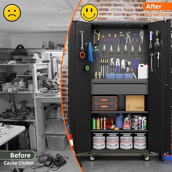 Metal Storage Cabinet with Drawers, Locking Garage Tool Cabinets on Wheels with Pegboards and Hooks for Warehouse Homes, Offices, Assembly Required(Black)