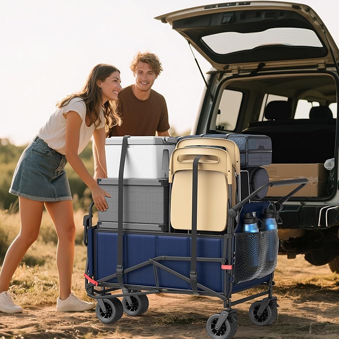 LEVELEVE Heavy Duty Folding Wagon - 2-in-1 Collapsible Cart, 650lb Capacity, All-Terrain Wheels w/Brakes & Side Pockets