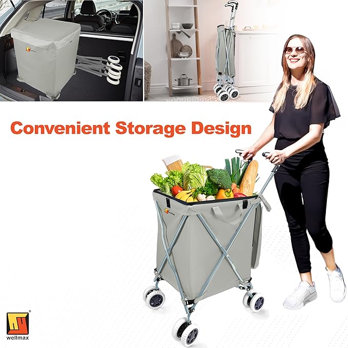 Wellmax WM99100 Series Folding Shopping Cart with Wheels, Grocery Cart with Removable Canvas with Cover, Lightweight Utility Cart for Groceries and Laundry - Holds up to 120 lbs (Gray)