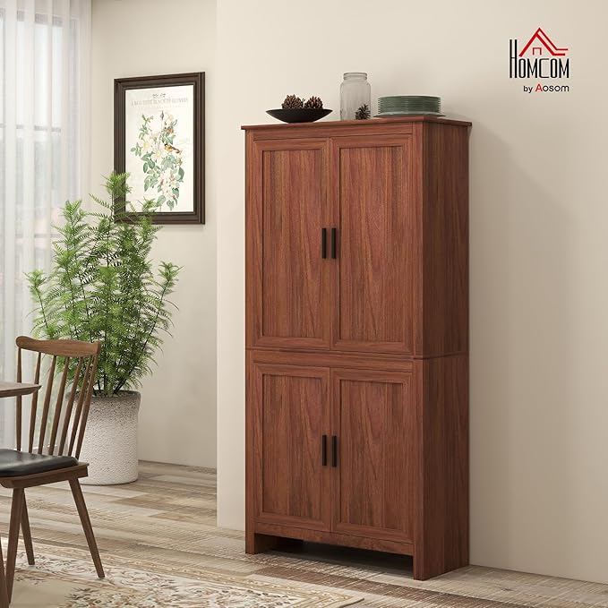 HOMCOM 64" Kitchen Pantry Cabinet, Freestanding Storage Cabinet with 4 Doors and 3 Adjustable Shelves for Dining Room, Brown