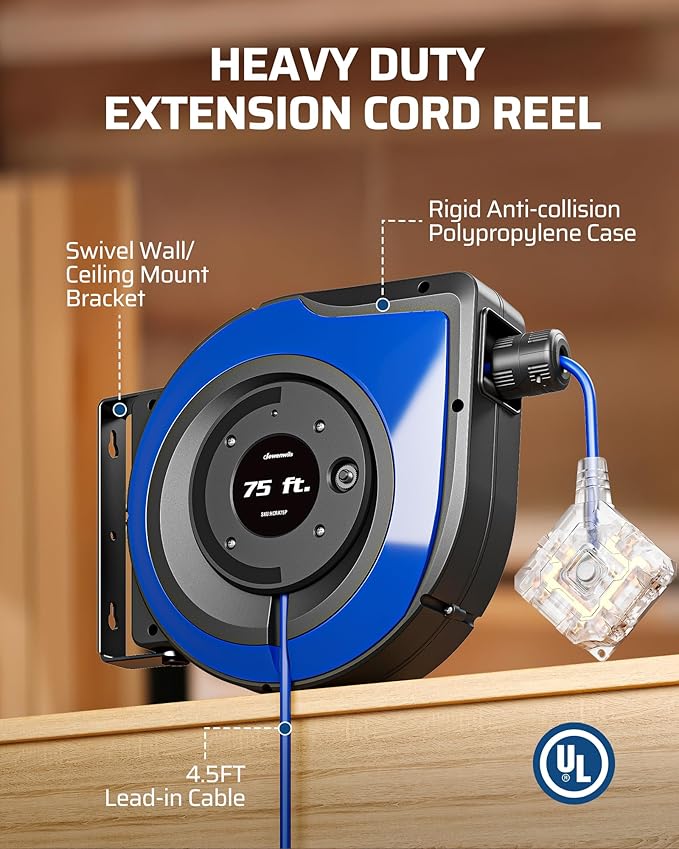 DEWENWILS Extension Cord Reel with 6 Grounded Outlets, 75FT Retractable Extension Cord Reel, Twist-lock Stopper, 14/3C SJTOW, 10A Circuit Breaker, Heavy Duty Power Cord, ETL Listed