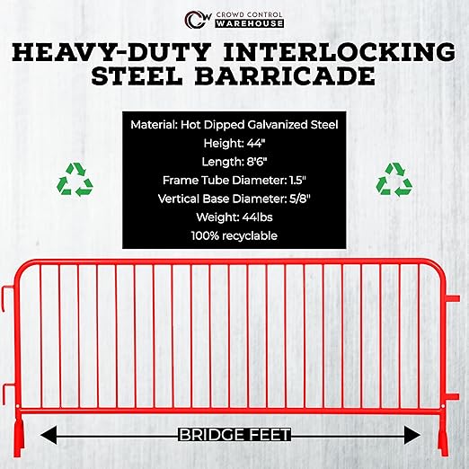 Angry Bull Barricades Metal Interlocking Steel Barricade (8.5 Ft. Heavy Duty, Bridge Feet, Red Powder Coated, Set of 10)