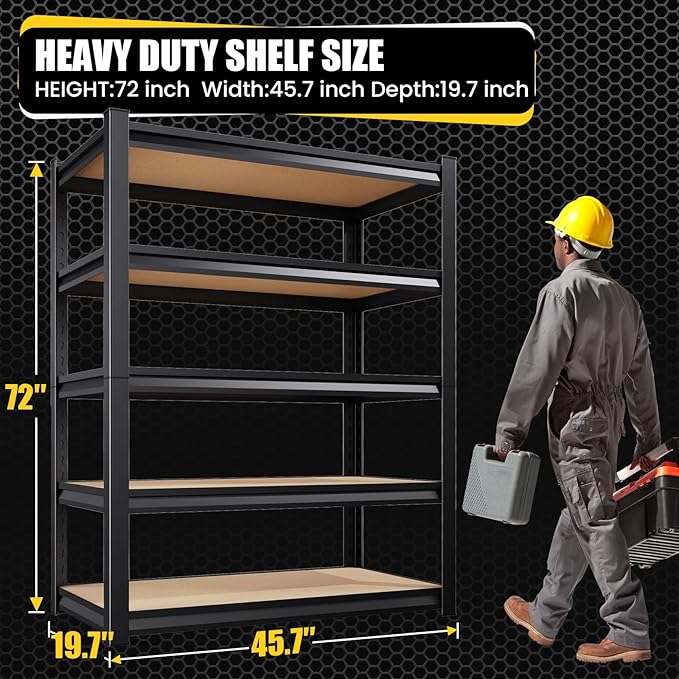 72”H*46”W Garage Shelving Heavy Duty, Adjustable Garage Shelves, 2500LBS Storage Shelves, 5-Tier Metal Shelving Units, Easy Assembly Wood Shelves, Utility Storage Rack Shelf for Warehouse, Pantry