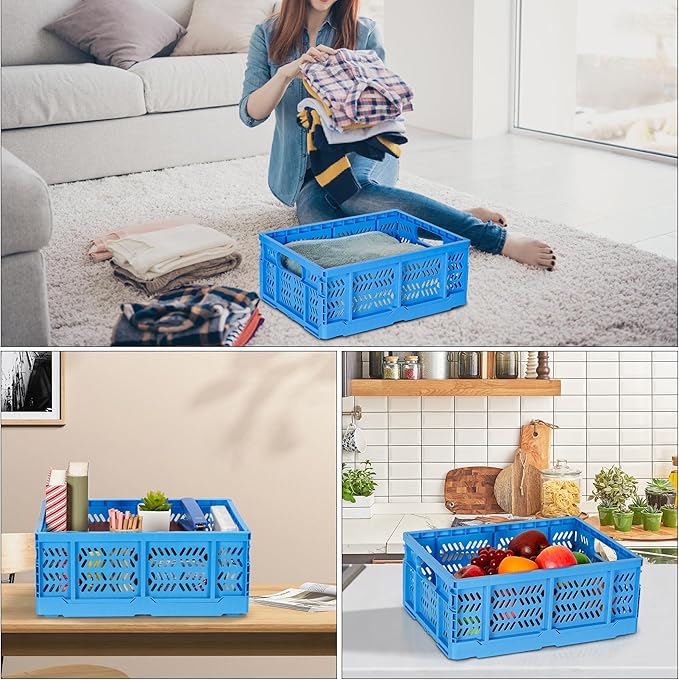 Heavy Duty Plastic Milk Crates for Storage, 4-Pack Stackable Storage Bins for Organizing, Collapsible Storage Basket with Handle for Groceries, Suitable for Home Office School Store, Blue