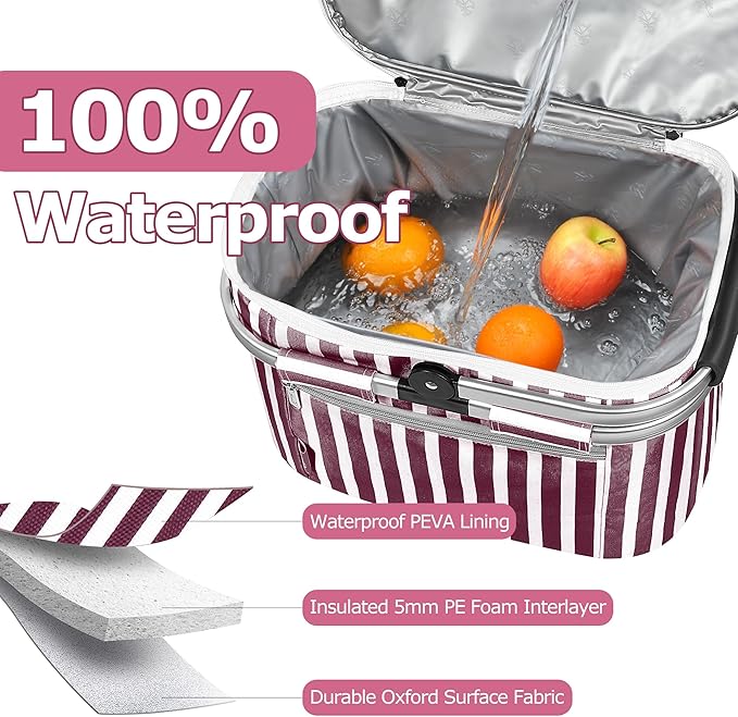 Tirrinia Large Insulated Picnic Basket, 34L Water Resistant & Leakproof Collapsible Portable Cooler Basket Set with Aluminium Handle for Travel, with a Free Foldable Grocery Bag, Wine Stripe