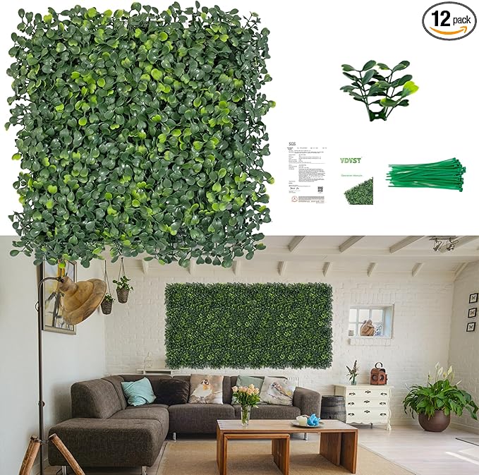 Grass Wall Panels, 10x10Inch 12Pcs UV-Anti Boxwood Greenery Panels with 50 Zip Ties, No Fade Artificial GrassWall Backdrop for Indoor Outdoor Privacy, Birthday Wedding Decor, Home Kitchen Decor