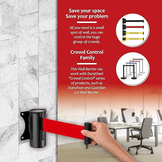 DuraSteel Wall Mount Retractable Belt Barrier - 9.2 Ft Red Safety Belt in Sturdy Black Casing - Guardian 1.0 Indoor & Outdoor Do Not Enter Caution Tape for Effective Wall Control Ropes, Line Dividers