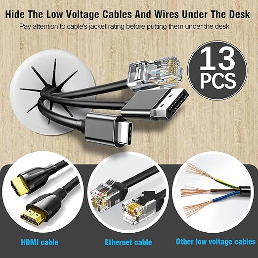 2-3/8" White Desk Grommet, JTemgle Flexible Cable Grommet with Bi-Metal Hole Saw Rubber Cable Hole Cover Wire Organizer Caps Desktop Cord Management for Home Office TV Stands Tabletops, 13 Pieces