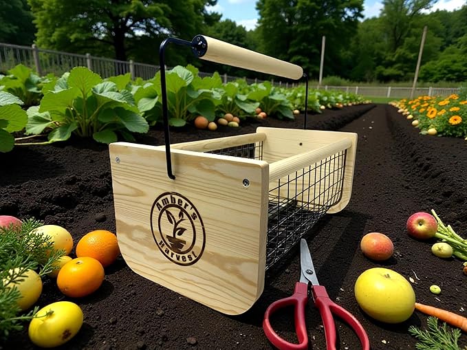 Personalzied Harvest Garden Basket, Handmade Solid Wood Construction with Rotatable Handle, Wire Mesh Design, 16x9x7 Inches, Multi-Purpose Vegetable and Fruit Harvesting Hod Custom Name