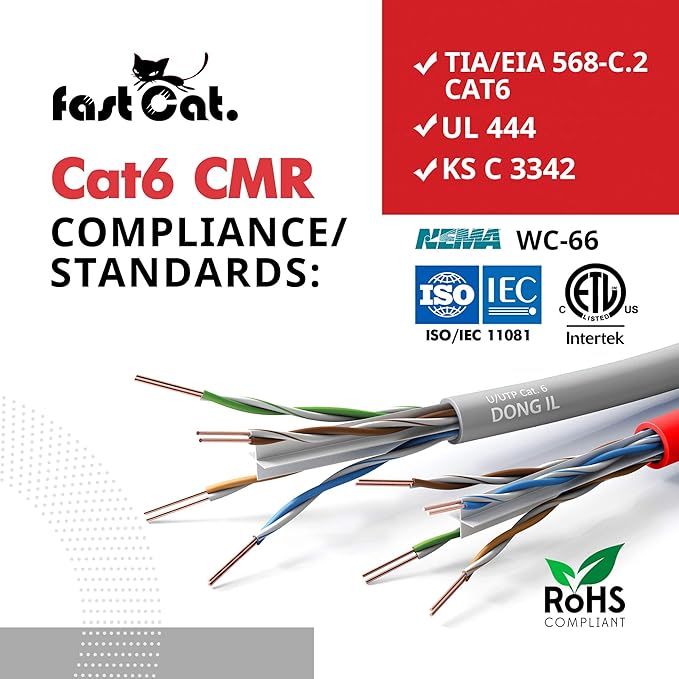 fast Cat. Cat6 Ethernet Cable 1000ft - 23 AWG, CMR, Insulated Solid Bare Copper Wire Internet Cable with Noise Reducing Cross Separator - 550MHZ / 10 Gigabit Speed UTP LAN Cable 1000 ft - CMR (Yellow)