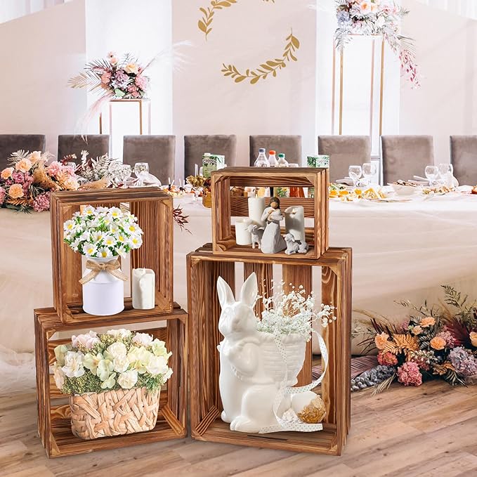 4 Pieces Decorative Wood Crates for Party Display, Large Rustic Farmhouse Wooden Nesting Storage Crates with Handles for Wedding Birthday Home Party Decoration