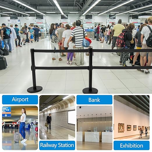 6 Pcs Crowd Control Stanchions Set Stainless Steel Barrier Post with Dual Retractable Belt 9.8 ft and 1 Sign Holder Crowd Safety Control Barrier Solid Base Easy Connect Assembly