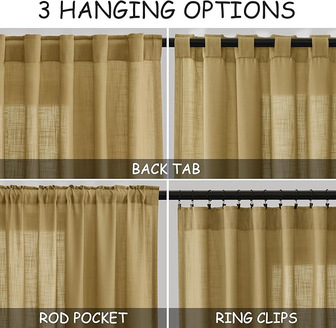 Nanspring Gold Curtains 72 Inch Length for Living Room Semi Sheer Light Filtering Door Drapes 2 Panels Set for Kids Bedroom Light Filtering Back Tab Rod Pocket Modern Farmhouse Decor 52x72