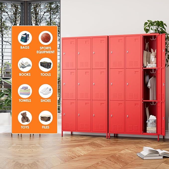 Aobabo New 9 Doors Metal Storage Locker for Employees, Lockable Steel Locker with Name Card Slot and 27 Hooks for School Office Gym Garage, Red, Assembly Required