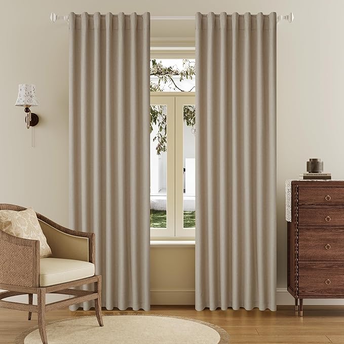 DUALIFE Faux Linen Blackout Taupe Curtains 80 Inch Long,Farmhouse Back Tab Rod Pocket Curtains Room Darkening Thermal Insulated Drapes for Bedroom Living Room,W50 x L80,2 Panels