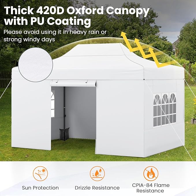 Tangkula 10x14 FT Pop Up Canopy, Outdoor Tent with 4 Sidewalls, Roll-up Door, Wheeled Bag, 4 Sandbags, 8 Stakes, 4 Wind Ropes, Portable Canopy Tent for Beach Party Event Camping (White)