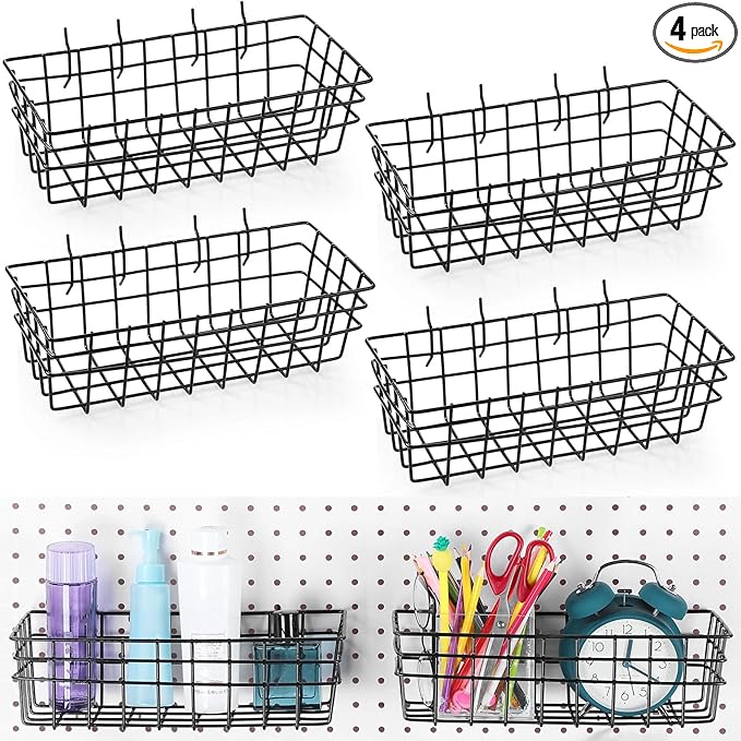 Sieral 4 Pcs Large Pegboard Baskets Set 12 x 6.5 x 4 Inch Black Metal Wire Baskets Peg Board Organizer Accessories Wall Mount Pegboard Bins Workbench Garage Storage Versatile Wall Organizer Attachment