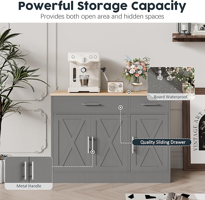 SUNLEI Kitchen Buffet Sideboard Cabinet, Wooden Storage Cabinet with 3 Doors & 2 Drawers, Modern Farmhouse Coffee Bar Cabinet with Storage for Living Room, Adjustable Shelf, Grey