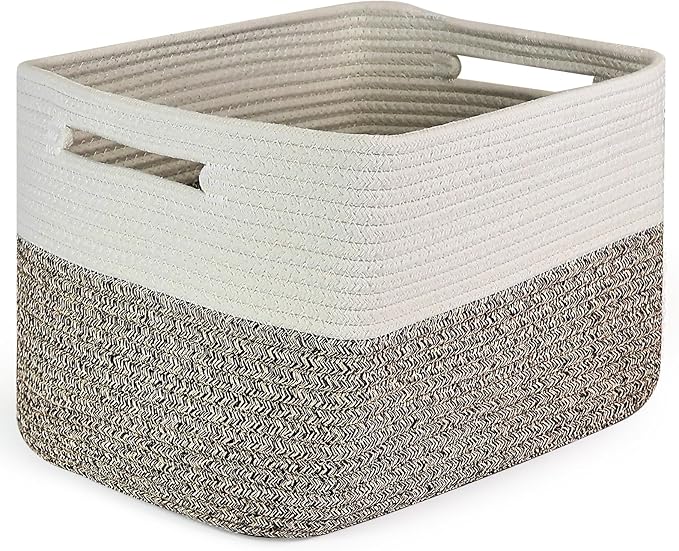 Shelf Woven Storage Basket, 15 x 10 x 9” Closet Rope Baskets For Organizing, Square Bins with Handles, White+Dark brown