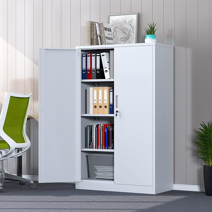 Metal Storage Cabinet with Locking Doors and 3 Adjustable Shelves, 53.5-Inch Lockable Storage Cabinets for Home Office Garage Kitchen Pantry (White)