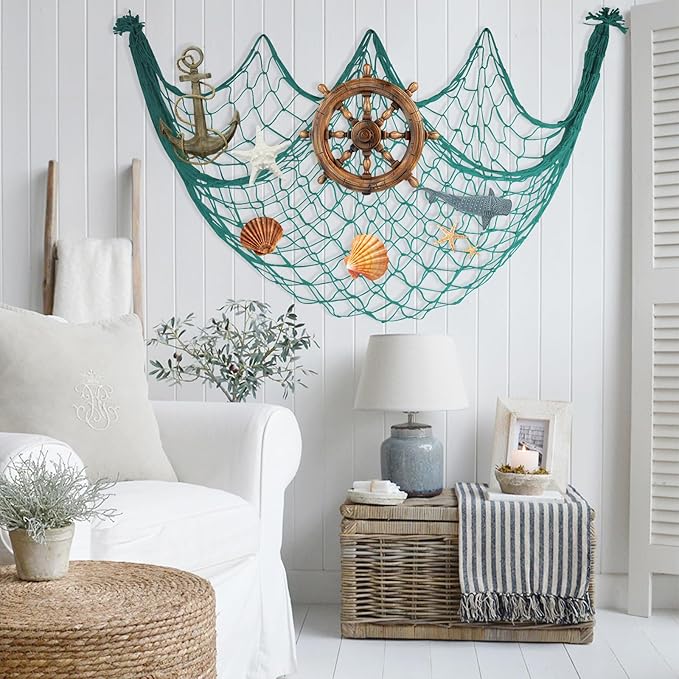 2 Pack Fish Net Decorations - 80x40 Inch Aqua Fishing Net Decor for Under The Sea Hawaiian Beach Themed Party, 3mm Thick Natural Cotton Versatile Nautical Netting for Party Wall Table Ceiling Decor