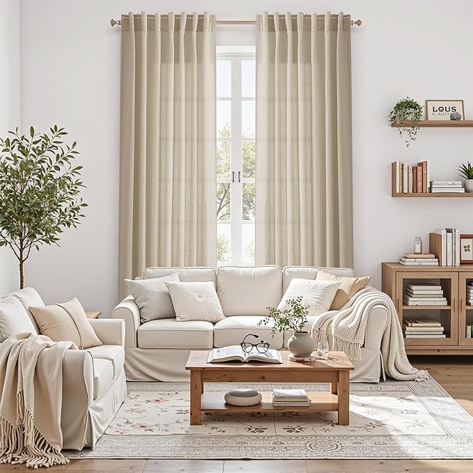 Nanspring Eggshell Beige 108 Inch Curtains for Living Room Linen Blend Long Light Filtering Semi Sheer Curtain Back Tab Rustic Decor Neutral Floor to Ceiling High Window for Bedroom 52x108, 2 Panels