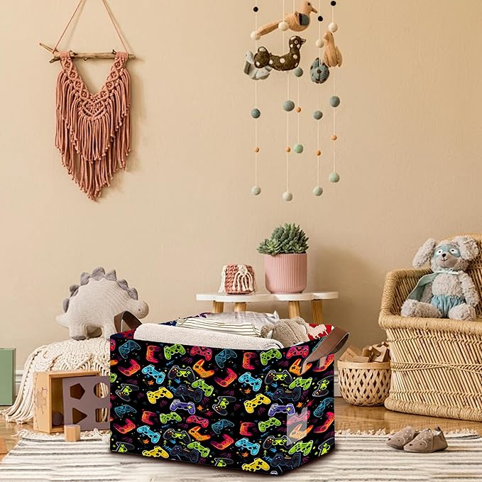 Game Controller Storage Basket Large 17x11.5x10.5 Inche-Collapsible Fabric Organizer Bin with Handles for Gaming Room, Toys, Electronics-Foldable Decorative Hamper with Video Game Design-Single Pack