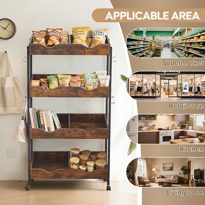 Snack Rack with Wheels,4-Tier Retail Display Shelves with 8 Metal Hooks,Tilted Design,Mobile Retail Display Stand with Metal Frame,Easy Assembly