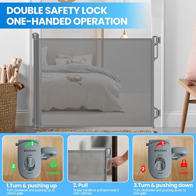 Retractable Safety Baby Gate or Mesh Dog Gate,Durable Portable Mesh Retractable Gate,Easy to Use for Stairs, Doorways, Hallways, Indoor, Outdoor, 33.5" Tall, Up to 45" Wide, Gray