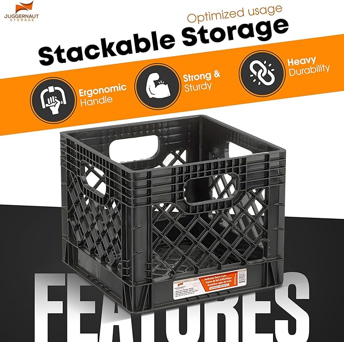 Juggernaut 16 Quart Storage Crate, Milk Crate Plastic Basket w/ 4 Handles, Organizer Bins for Office Storage & Classroom Organization, 4-Pack, Black