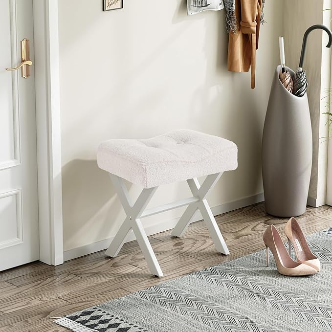 18-Inch Vanity Stool Chair, Vanity Bench with Metal X-Legs, Ottoman Accent Stool with Breathable and Soft Boucle Fabric Saddle Seat, White